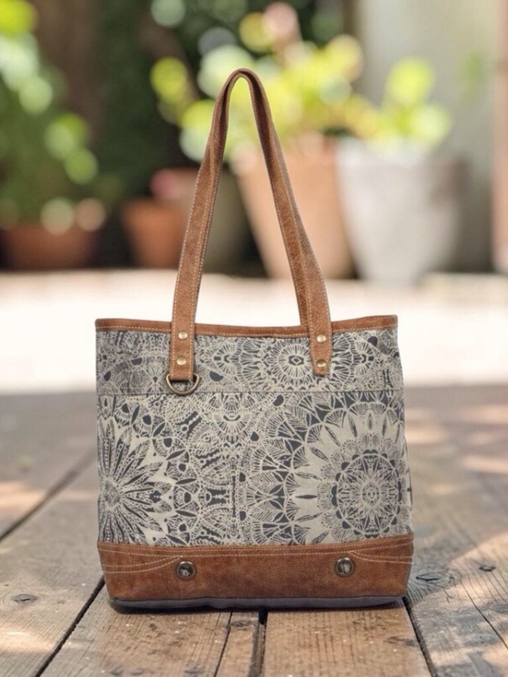 Myra Bag Objet d’Art Leather Strip Tote Bag S-1385 | Boho Canvas & Leather Tote